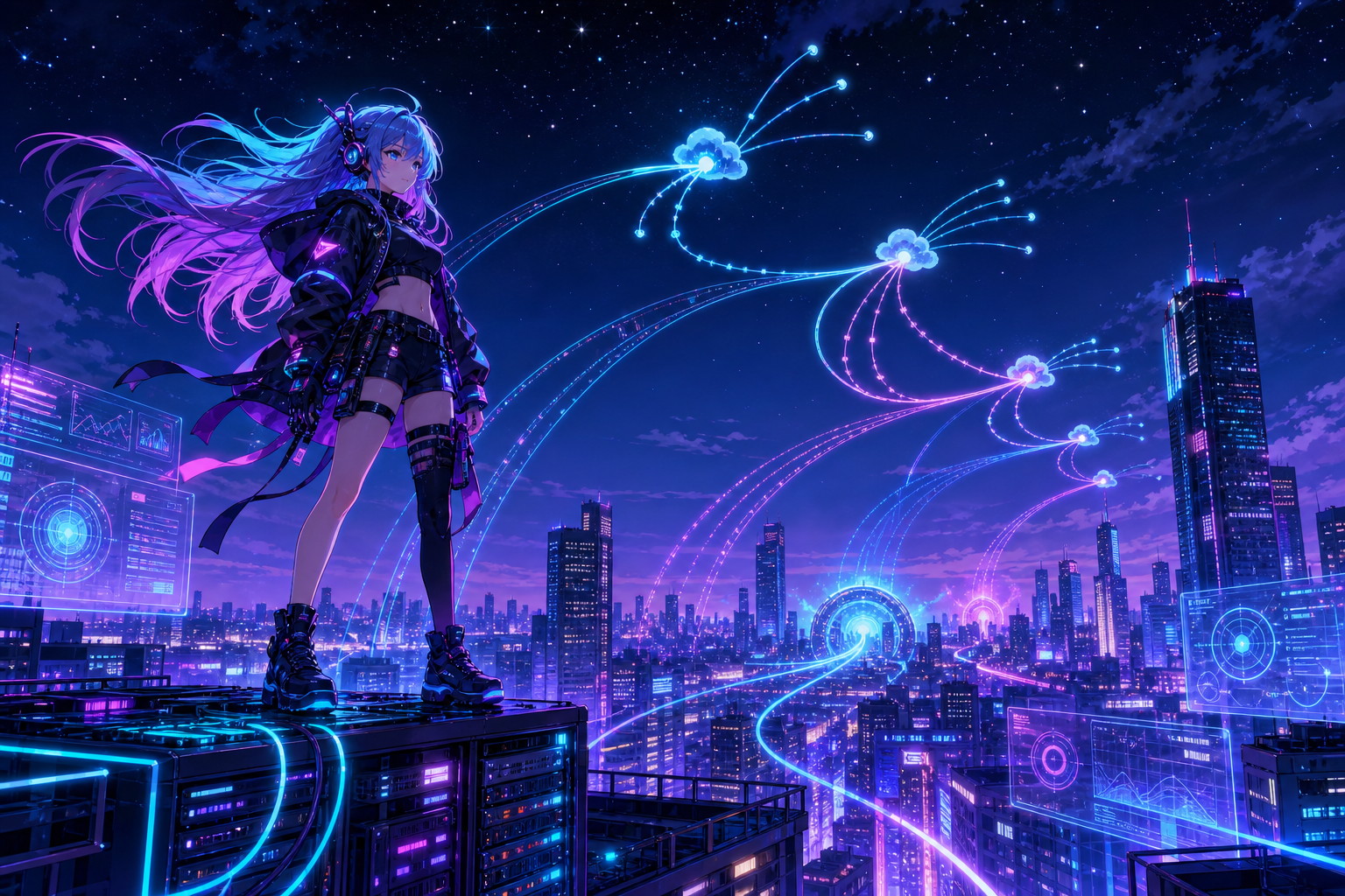 Anime cyberpunk engineer overlooking glowing tunnel network